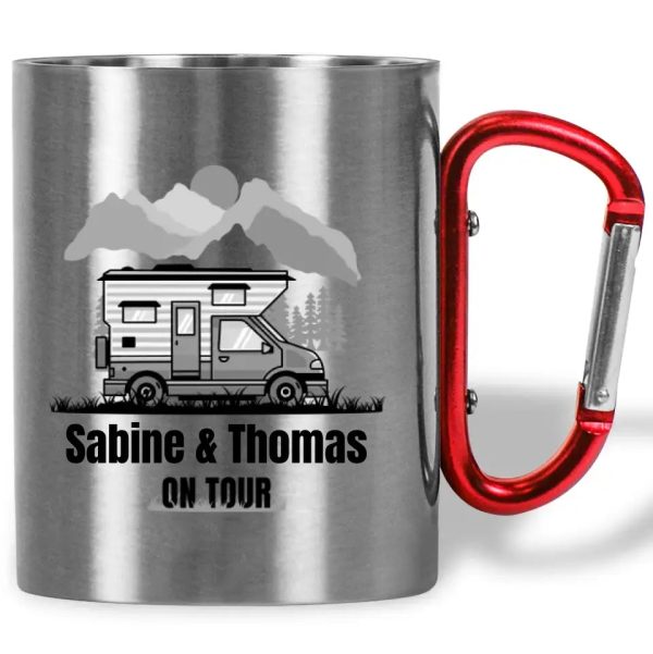 Tasse mit Karabiner  on tour  personalisiert mit Namen Verkauf