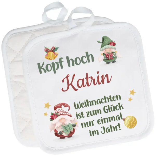 2er Set Topflappen  Kopf Hoch Weihnachten ist zum Glück nur einmal im Jahr  personalisiert mit Wunschname Rabatt