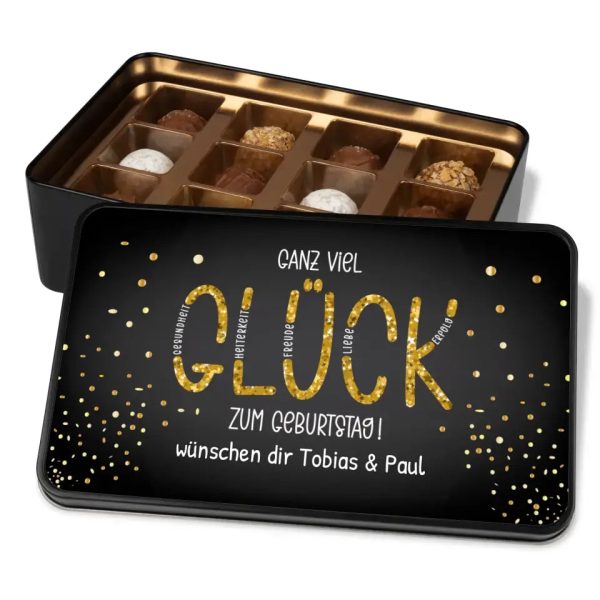Geschenkdose mit Pralinen personalisiert mit Wunschtext „Ganz viel Glück zum Geburtstag“ Verkauf