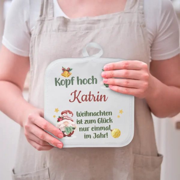 2er Set Topflappen  Kopf Hoch Weihnachten ist zum Glück nur einmal im Jahr  personalisiert mit Wunschname Rabatt – Bild 4