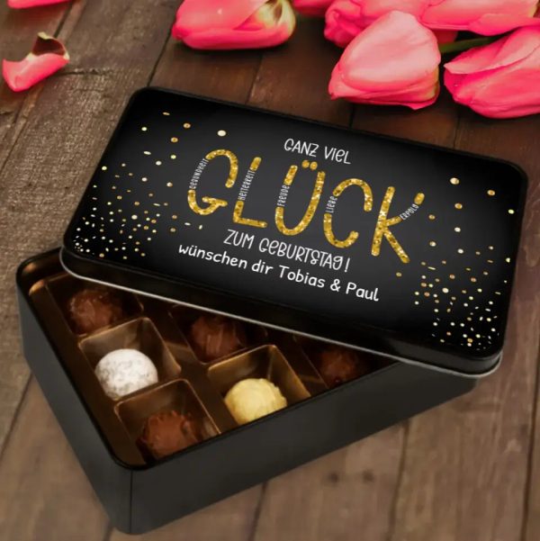 Geschenkdose mit Pralinen personalisiert mit Wunschtext „Ganz viel Glück zum Geburtstag“ Verkauf – Bild 5